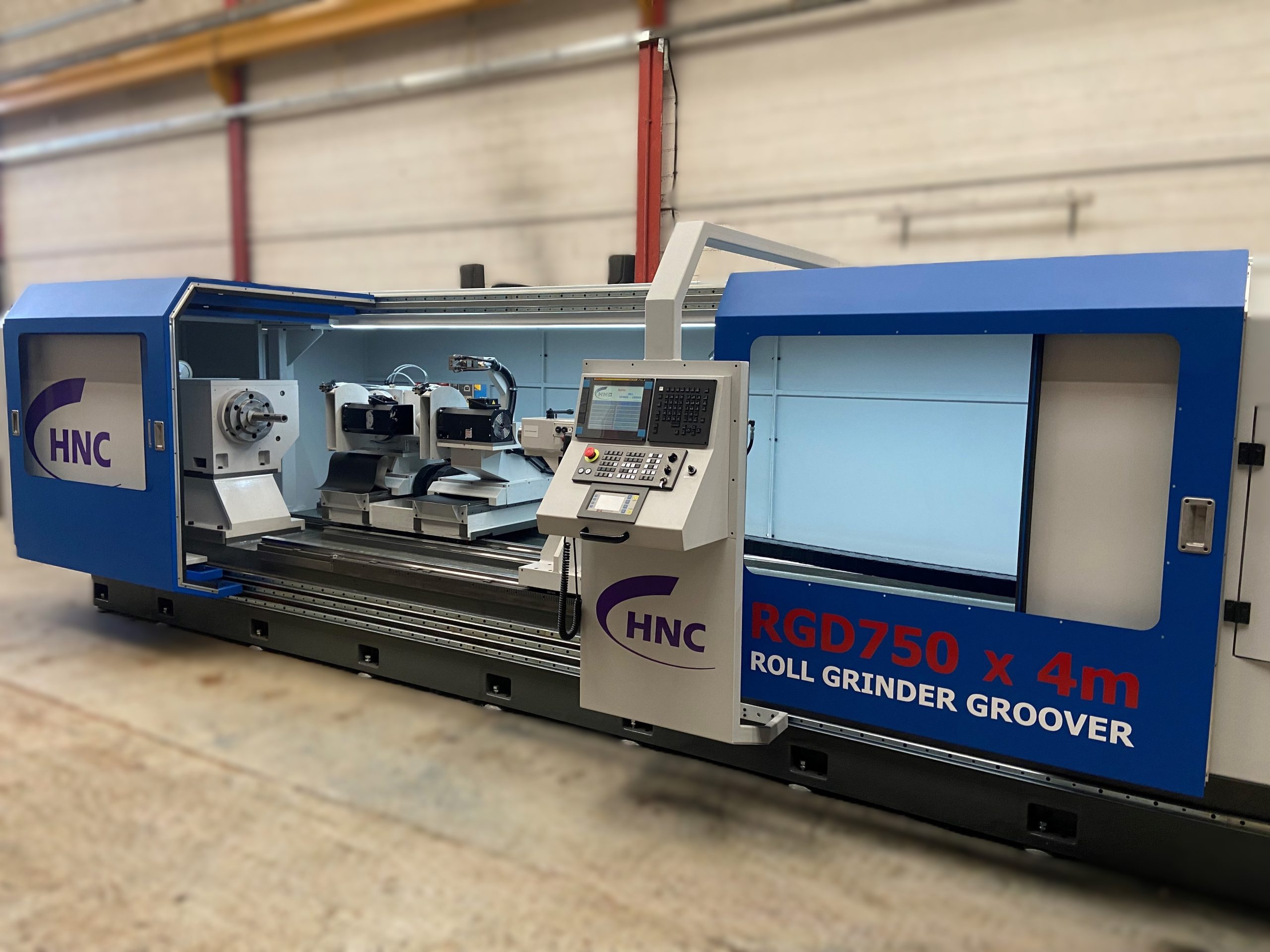 Large roller grinder machine with open doors